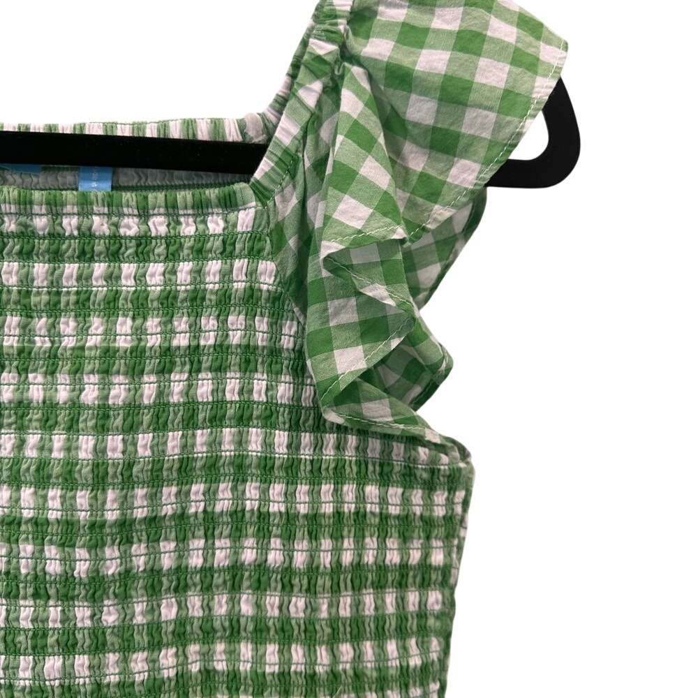 Green Gingham Smocked Ruffle Sleeve Top Cottagecore Summer Blouse - Picture 3 of 7
